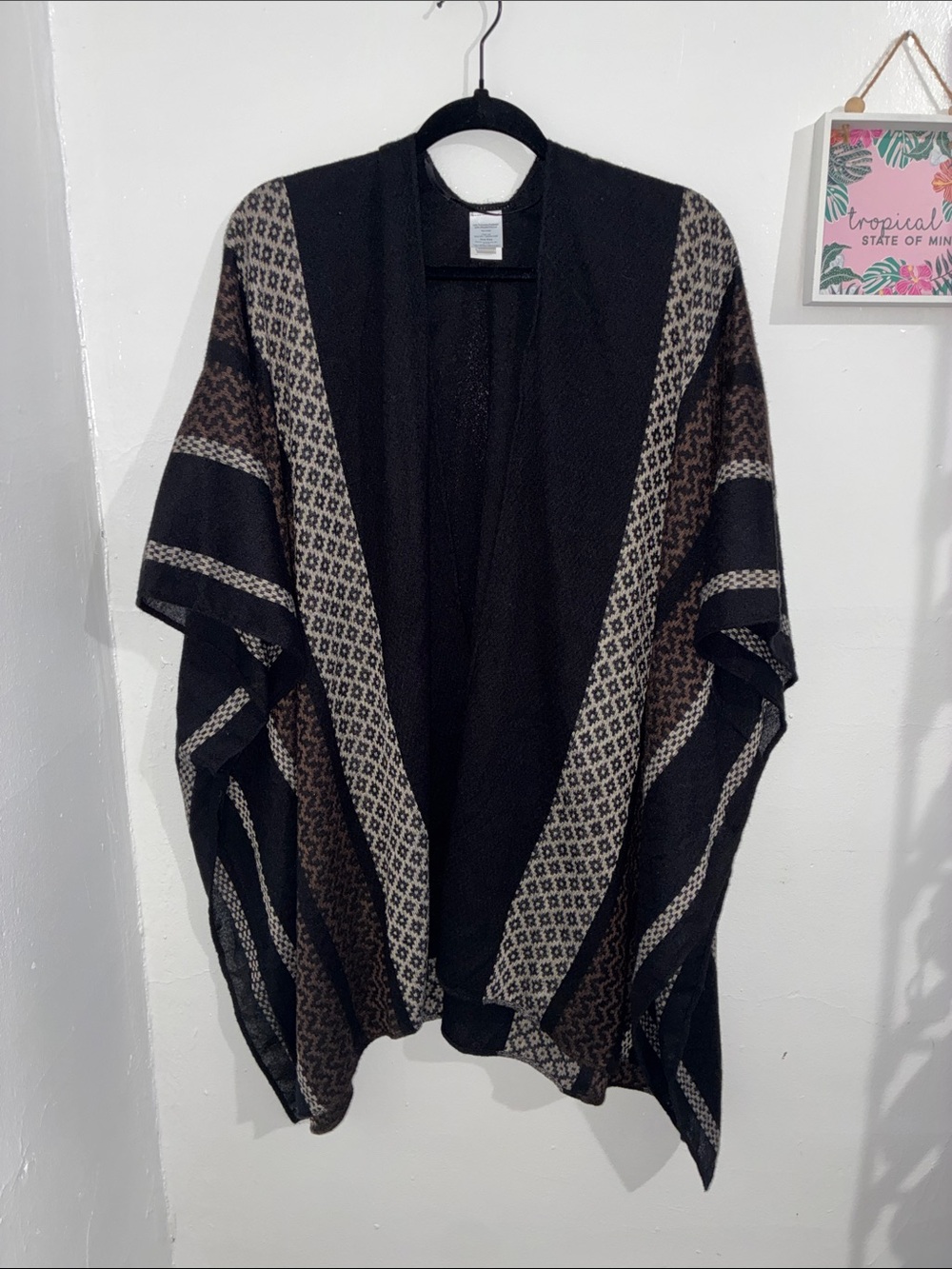 Time and Tru Black and Brown Patterned Open-Front Poncho Cardigan